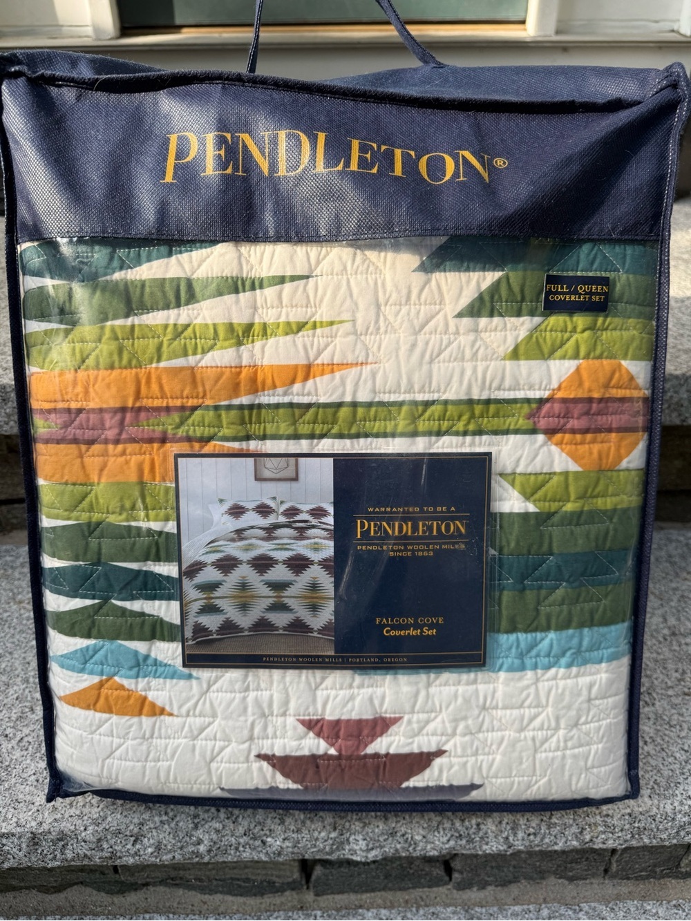 Pendleton Falcon Cove Quilted Coverlet Set in Green and White Aztec